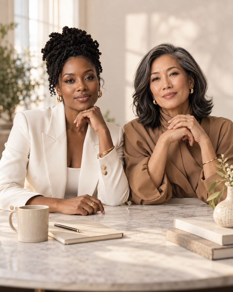 Two fashionable women from different cultures and generations representing Her Divine Vessel